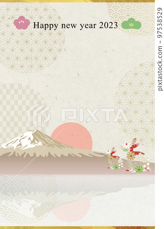 2023 New Year's card Japanese paper background with three views of Mt.Fuji and zodiac rabbit 97538529