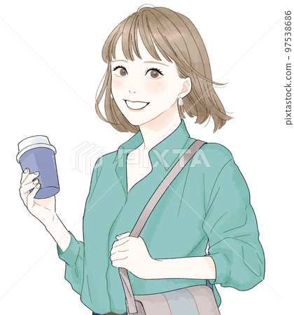 Illustration of a woman walking looking at the camera 97538686