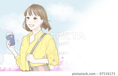 Illustration of a woman walking with her eyes raised and smiling 97539173