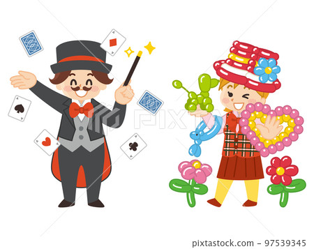 Magician man and woman with balloon performer 97539345