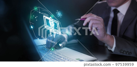 Man with laptop and infographics about innovation Man with laptop and infographics about innovation 97539959