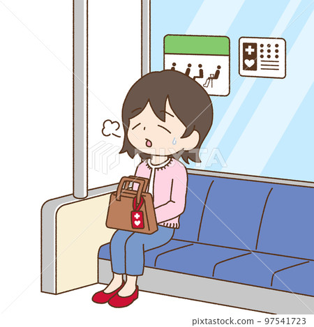 一位女士坐在優先座位上，有一個可愛的觸摸幫助標記 97541723