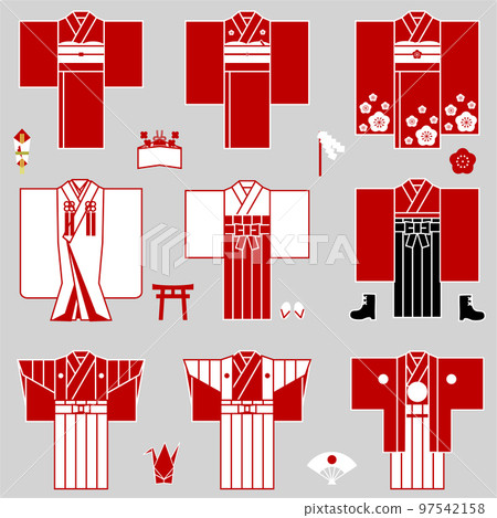 Vector kimono icon set New Year's graduation ceremony shrine maiden kimono bride kakukakushi top and bottom kimono kimono furisode 97542158