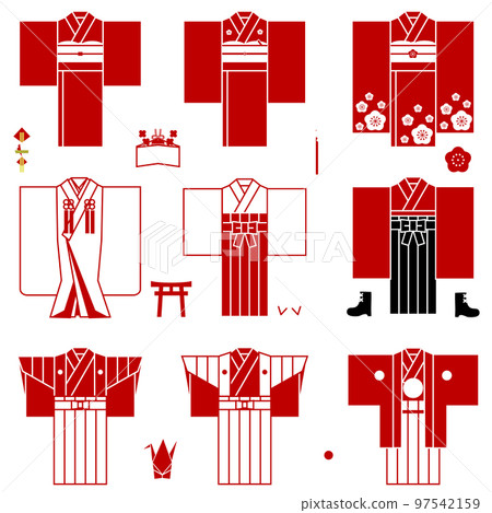 Vector kimono icon set New Year's graduation ceremony shrine maiden kimono bride kakukakushi top and bottom kimono kimono furisode 97542159