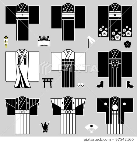 矢量和服圖標集新年畢業典禮神社少女和服新娘 kakukakushi 頂部和底部和服和服 furisode 97542160