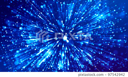 Blue light rays like laser show for bright festive presentation. 3d rendering of abstract blue background with glowing particles like micro world science fiction with depth of field and bokeh. 97542942