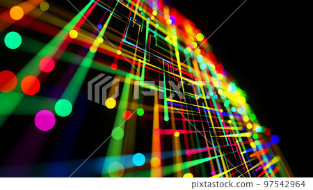 3d render. Sci-fi bg of glow multicolor particles form lines like electrical circuit or microcircuit. Beautiful bokeh light effects, dof. Abstract bg as technological concept with many lines and nodes 3d render. Sci-fi bg of glow multicolor particles form lines like electrical circuit or microcircuit. Beautiful bokeh light effects, dof. Abstract bg as technological concept with many lines and nodes 97542964
