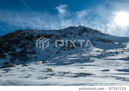 Tateyama Kurobe Alpine Route Looking up at Mt. Jodo from the mountain trail to Mt. Oyama in winter Tateyama Kurobe Alpine Route Looking up at Mt. Jodo from the mountain trail to Mt. Oyama in winter 97543129