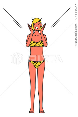 A red demon woman in a tiger print bikini who puts her hand on her mouth to attract, a traditional event, Setsubun 97544027