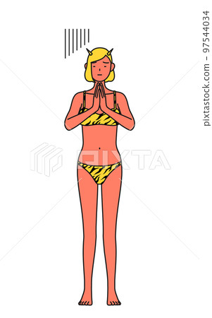 一個穿著虎紋比基尼的紅色惡魔女人，她的雙手在她的身體前道歉，傳統活動，Setsubun 97544034
