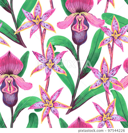 Vector seamless pattern with colorful psychedelic orchid flowers. Hand drawn detailed print for textile and wallpaper. Vector seamless pattern with colorful psychedelic orchid flowers. Hand drawn detailed print for textile and wallpaper. 97544226