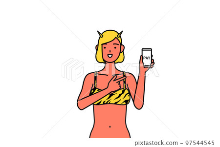 身穿虎紋比基尼的紅色惡魔女性推薦無現金和智能手機在線支付，一項傳統活動，Setsubun 97544545