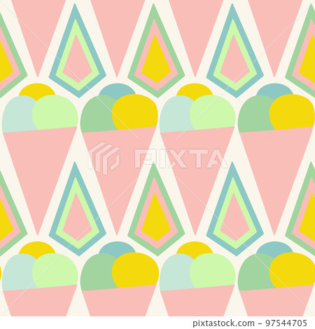 Hand drawn seamless pattern of pink pastel ice cream cone in mid century style. 60s 70s retro vintage sweet food summer fabric print, cute colorful design with funny dessert drawing. Hand drawn seamless pattern of pink pastel ice cream cone in mid century style. 60s 70s retro vintage sweet food summer fabric print, cute colorful design with funny dessert drawing. 97544705