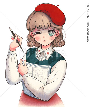 Fashionable retro style, just before the deadline... Illustration of a young manga artist suffering from a slump Fashionable retro style, just before the deadline... Illustration of a young manga artist suffering from a slump 97545186