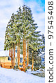 Watercolor stylization of image. Trees in the snow in front of family house Watercolor stylization of image. Trees in the snow in front of family house 97545408