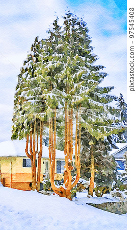 Watercolor stylization of image. Trees in the snow in front of family house Watercolor stylization of image. Trees in the snow in front of family house 97545408