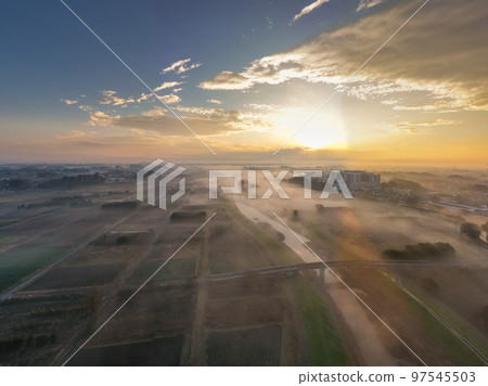 Aerial view "Saitama Prefecture" Early morning Minuma rice field with fog in winter 97545503