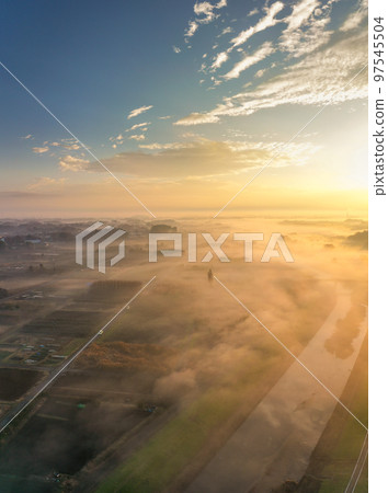 鳥瞰“埼玉縣”清晨的三沼稻田，冬天有霧 97545504