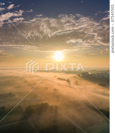 Aerial view "Saitama Prefecture" Early morning Minuma rice field with fog in winter Aerial view "Saitama Prefecture" Early morning Minuma rice field with fog in winter 97545505