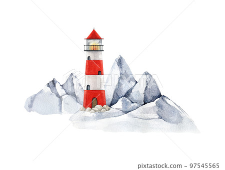Lighthouse on the cliff. Watercolor illustration. Hand drawn red striped beacon on the cliff range. Bright lighthouse building standing on the rocky shore. White background 97545565