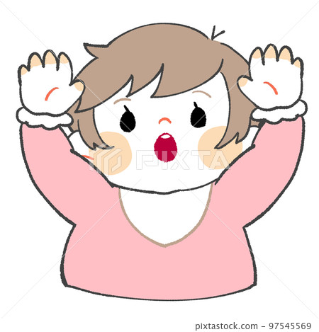 Baby (girl) with open mouth raising both hands 97545569