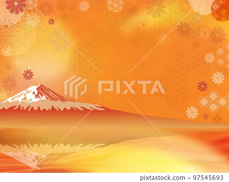Material for New Year's cards with Japanese patterns and three views of Mt.Fuji.The upside-down Mt.Fuji reflected in the lake is beautiful. 97545693