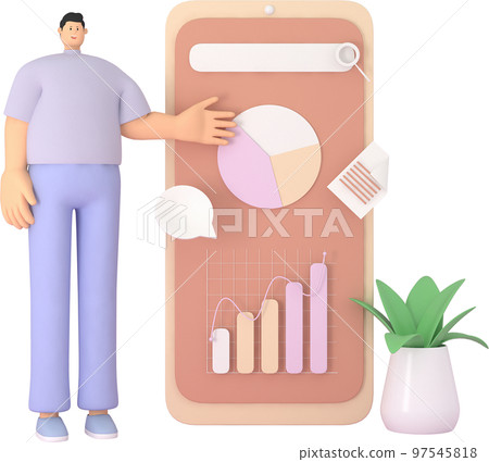 A male character presentation  the infographic on mobile screen. 3d rendering of business models 97545818