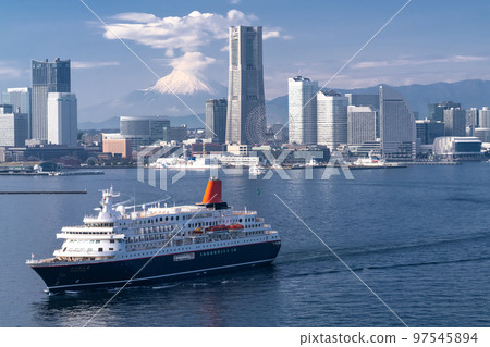 "Kanagawa Prefecture" Yokohama Minato Mirai and Mt. Fuji scenery/Departing cruise ship 97545894