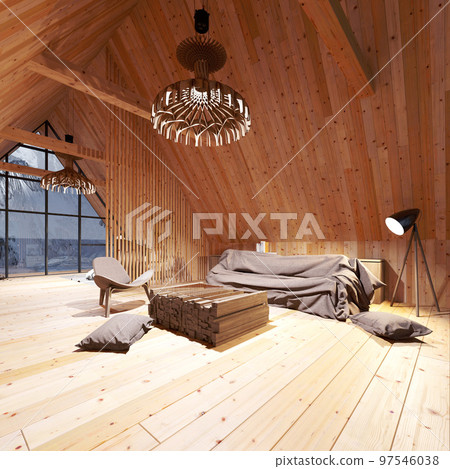 wooden attic interior and nature background 97546038
