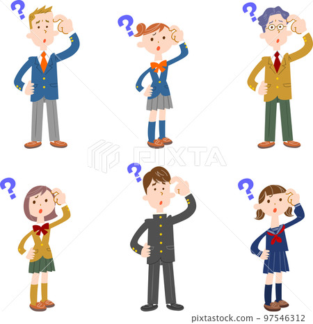 A set of male students and female students in uniforms with doubts A set of male students and female students in uniforms with doubts 97546312