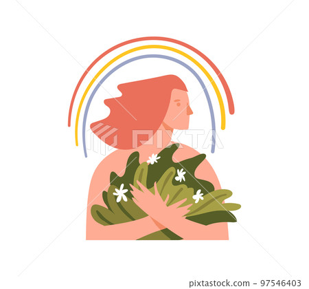 Mental health icon, the concept of psychological balance, helping teenagers, a happy girl with a rainbow and flowers, a symbol of a prosperous life. Vector illustration isolated on white background. 97546403
