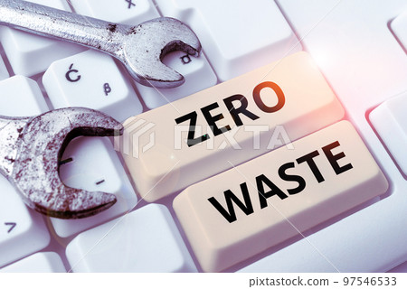 Hand writing sign Zero Waste. Internet Concept industrial responsibility includes composting, recycling and reuse Hand writing sign Zero Waste. Internet Concept industrial responsibility includes composting, recycling and reuse 97546533