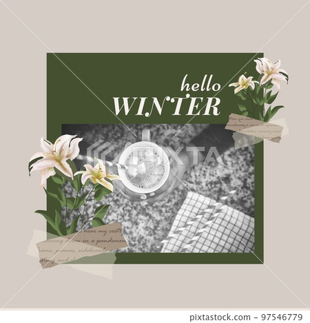 Square image of hello winter text with women drinking hot coffee picture over grey background 97546779