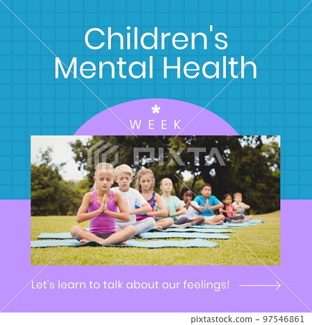 Composition of children's mental health week text over diverse children on blue background Composition of children's mental health week text over diverse children on blue background 97546861