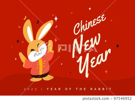 Composition of chinese new year text over rabbit on red background Composition of chinese new year text over rabbit on red background 97546952