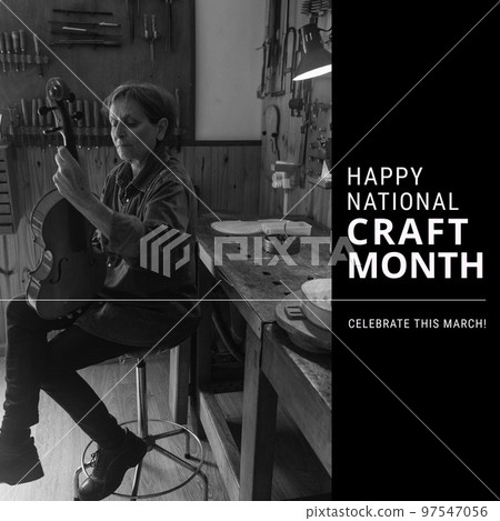 Composition of national craft month text over female violin maker in workshop 97547056