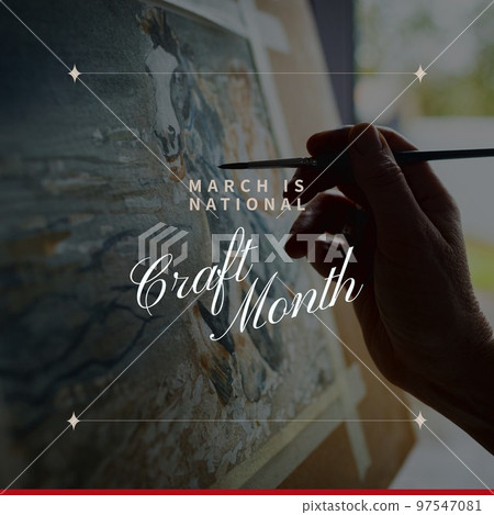 Composition of march is national craft month text over african american man painting in workshop 97547081