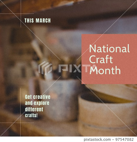 Composition of national craft month text over pots and brushes in workshop 97547082