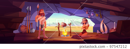 Ancient cave people, prehistoric age human family Ancient cave people, prehistoric age human family 97547212
