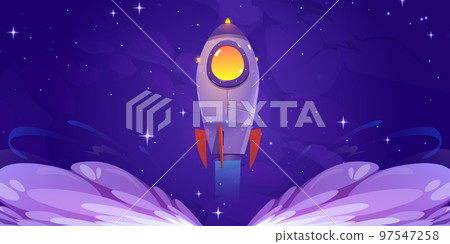 Rocket launch, spaceship flying up to night sky 97547258