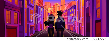 Couple walk on city street in evening Couple walk on city street in evening 97547275