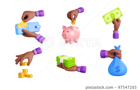 3d render black hand with money isolated icons set 97547283