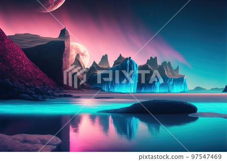 具有令人印象深刻的霓虹波色彩的自然風光 97547469