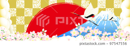 Banner with Mt.Fuji, crane and cherry blossoms visible between gold background and clouds 97547556