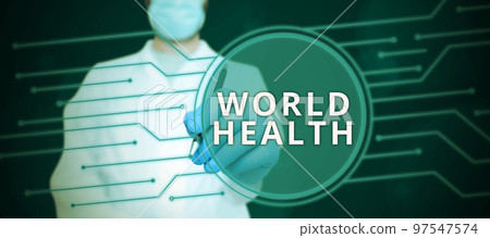 Hand writing sign World Health. Business overview World day of action dedicated to tackling global hunger Hand writing sign World Health. Business overview World day of action dedicated to tackling global hunger 97547574