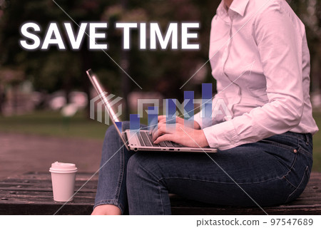 Hand writing sign Save Time. Business idea to do something more efficiently such that less time is required Hand writing sign Save Time. Business idea to do something more efficiently such that less time is required 97547689