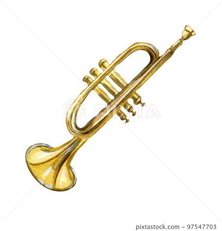 Trumpet jazz musical instrument watercolor illustration on white background. 97547703