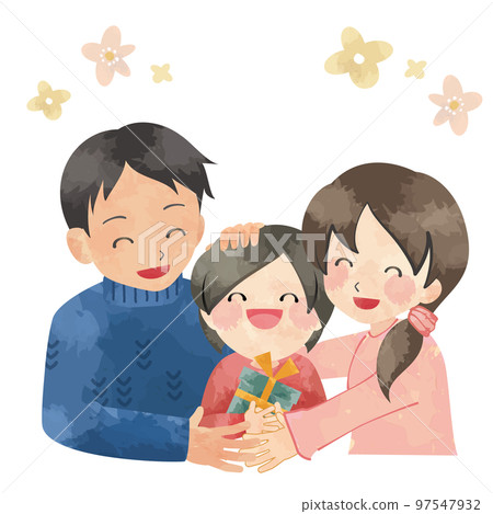 Illustration of a child and parents who are happy to receive a gift (raster only) Illustration of a child and parents who are happy to receive a gift (raster only) 97547932