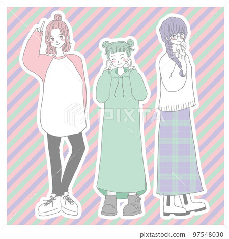 Full-body illustration of three cute women Background/with white border 97548030