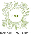 Round Template with Herbs in Hand-Drawn Style 97548040
